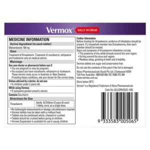 Vermox Worming Treatment Orange Tablets - The Trusted & Tasty Tablet Solution (6 Pack) Effectively and easily manage threadworm (pinworm) infections with Vermox Orange Flavoured Tablets. From a brand that families have trusted for decades, this treatment offers the power of a clinically proven wormer in an easy-to-take, orange-flavoured tablet. It's the perfect solution for families who prefer a traditional tablet format but want a more pleasant taste. This 6-tablet pack is ideal for treating the whole household to break the cycle of infection. (H2) Why Choose Vermox Orange Tablets? Pleasant Orange Flavour: The mild orange taste helps make the tablet more palatable, reducing fuss and making medicine time easier for both children and adults. Simple One-Dose Treatment: The standard treatment for threadworm is just one tablet, taken once. It's a simple, straightforward, and effective regimen. Can be Chewed or Swallowed: The versatile tablet can be swallowed whole with water or chewed, making it suitable for a range of preferences. For young children, it can be crushed. Effective & Proven: Contains Mebendazole, a powerful active ingredient recommended by healthcare professionals for its ability to effectively kill threadworms. Family-Sized Pack: With 6 tablets, you can treat multiple family members at once, which is essential for preventing re-infection within the household. (H2) How Vermox Works to Eliminate Worms The active ingredient, Mebendazole, works by targeting the worms' essential life source. It prevents them from absorbing glucose (sugars), which they need for energy and survival. Deprived of their food, the worms die over the course of 2-3 days. They are then passed out of the body naturally in the stool. This targeted action is minimally absorbed by the body, making it a reliable treatment. (H2) How to Know if it's Threadworms Threadworms are the most common worm infection in children. Key signs to watch for include: A persistent itch around the bottom or vaginal area, which is often worse at night. Restless sleep, irritability, or waking up frequently. In some cases, you may see tiny, white, thread-like worms in stools or on pyjamas. (H2) Simple Dosage Instructions for the Whole Family Always read the label and use only as directed. For Adults & Children (2 years and over): Take ONE orange-flavoured tablet, ONCE. The tablet can be swallowed whole or chewed. For young children, it is best to crush the tablet before giving it to them. The Essential Follow-Up Dose: Because worm eggs can survive for up to two weeks, a second dose taken 2-4 weeks after the first is highly recommended to kill any newly hatched worms and ensure the infection is fully cleared. Treat the Whole Household: To stop the worms from spreading, it is crucial to treat all family members at the same time, even if they don't have symptoms. (H2) Crucial Hygiene Steps to Prevent Re-infection Medication is most effective when combined with good hygiene practices. For two weeks after treatment: Wash all bedding, towels, and sleepwear in hot water. Encourage daily morning showers or baths. Keep fingernails short and clean to prevent eggs from getting trapped underneath. Ensure everyone washes their hands frequently and thoroughly. (H2) Important Safety Information Do not use in children under 2 years of age. If you are pregnant, seek medical advice before use. If symptoms persist after treatment, consult your doctor. Contains sucrose. Keep out of reach of children. (H3) Frequently Asked Questions (FAQs) Q: How fast does Vermox work? A: Vermox starts working right away to starve the worms. The worms typically die and are passed out of the system within 2-3 days. Q: What is the difference between Vermox Orange Tablets and the Choc Chews? A: Both contain the same effective ingredient, Mebendazole. The choice is simply about preference. The Orange Tablets are a great option for those who prefer a classic tablet format with a pleasant flavour, while the Choc Chews are ideal for those who want a treat-like experience. Q: Can I take the tablet with food? A: Yes, Vermox tablets can be taken with or without food. For a simple, effective, and reliable solution to threadworms, trust the classic format with a pleasant twist – Vermox Orange Flavoured Tablets