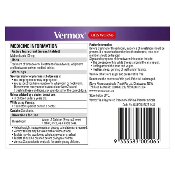 Vermox Worming Treatment Orange Tablets - The Trusted & Tasty Tablet Solution (6 Pack) Effectively and easily manage threadworm (pinworm) infections with Vermox Orange Flavoured Tablets. From a brand that families have trusted for decades, this treatment offers the power of a clinically proven wormer in an easy-to-take, orange-flavoured tablet. It's the perfect solution for families who prefer a traditional tablet format but want a more pleasant taste. This 6-tablet pack is ideal for treating the whole household to break the cycle of infection. (H2) Why Choose Vermox Orange Tablets? Pleasant Orange Flavour: The mild orange taste helps make the tablet more palatable, reducing fuss and making medicine time easier for both children and adults. Simple One-Dose Treatment: The standard treatment for threadworm is just one tablet, taken once. It's a simple, straightforward, and effective regimen. Can be Chewed or Swallowed: The versatile tablet can be swallowed whole with water or chewed, making it suitable for a range of preferences. For young children, it can be crushed. Effective & Proven: Contains Mebendazole, a powerful active ingredient recommended by healthcare professionals for its ability to effectively kill threadworms. Family-Sized Pack: With 6 tablets, you can treat multiple family members at once, which is essential for preventing re-infection within the household. (H2) How Vermox Works to Eliminate Worms The active ingredient, Mebendazole, works by targeting the worms' essential life source. It prevents them from absorbing glucose (sugars), which they need for energy and survival. Deprived of their food, the worms die over the course of 2-3 days. They are then passed out of the body naturally in the stool. This targeted action is minimally absorbed by the body, making it a reliable treatment. (H2) How to Know if it's Threadworms Threadworms are the most common worm infection in children. Key signs to watch for include: A persistent itch around the bottom or vaginal area, which is often worse at night. Restless sleep, irritability, or waking up frequently. In some cases, you may see tiny, white, thread-like worms in stools or on pyjamas. (H2) Simple Dosage Instructions for the Whole Family Always read the label and use only as directed. For Adults & Children (2 years and over): Take ONE orange-flavoured tablet, ONCE. The tablet can be swallowed whole or chewed. For young children, it is best to crush the tablet before giving it to them. The Essential Follow-Up Dose: Because worm eggs can survive for up to two weeks, a second dose taken 2-4 weeks after the first is highly recommended to kill any newly hatched worms and ensure the infection is fully cleared. Treat the Whole Household: To stop the worms from spreading, it is crucial to treat all family members at the same time, even if they don't have symptoms. (H2) Crucial Hygiene Steps to Prevent Re-infection Medication is most effective when combined with good hygiene practices. For two weeks after treatment: Wash all bedding, towels, and sleepwear in hot water. Encourage daily morning showers or baths. Keep fingernails short and clean to prevent eggs from getting trapped underneath. Ensure everyone washes their hands frequently and thoroughly. (H2) Important Safety Information Do not use in children under 2 years of age. If you are pregnant, seek medical advice before use. If symptoms persist after treatment, consult your doctor. Contains sucrose. Keep out of reach of children. (H3) Frequently Asked Questions (FAQs) Q: How fast does Vermox work? A: Vermox starts working right away to starve the worms. The worms typically die and are passed out of the system within 2-3 days. Q: What is the difference between Vermox Orange Tablets and the Choc Chews? A: Both contain the same effective ingredient, Mebendazole. The choice is simply about preference. The Orange Tablets are a great option for those who prefer a classic tablet format with a pleasant flavour, while the Choc Chews are ideal for those who want a treat-like experience. Q: Can I take the tablet with food? A: Yes, Vermox tablets can be taken with or without food. For a simple, effective, and reliable solution to threadworms, trust the classic format with a pleasant twist – Vermox Orange Flavoured Tablets