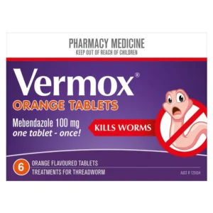 Vermox Worming Treatment Orange Tablets - The Trusted & Tasty Tablet Solution (6 Pack) Effectively and easily manage threadworm (pinworm) infections with Vermox Orange Flavoured Tablets. From a brand that families have trusted for decades, this treatment offers the power of a clinically proven wormer in an easy-to-take, orange-flavoured tablet. It's the perfect solution for families who prefer a traditional tablet format but want a more pleasant taste. This 6-tablet pack is ideal for treating the whole household to break the cycle of infection. (H2) Why Choose Vermox Orange Tablets? Pleasant Orange Flavour: The mild orange taste helps make the tablet more palatable, reducing fuss and making medicine time easier for both children and adults. Simple One-Dose Treatment: The standard treatment for threadworm is just one tablet, taken once. It's a simple, straightforward, and effective regimen. Can be Chewed or Swallowed: The versatile tablet can be swallowed whole with water or chewed, making it suitable for a range of preferences. For young children, it can be crushed. Effective & Proven: Contains Mebendazole, a powerful active ingredient recommended by healthcare professionals for its ability to effectively kill threadworms. Family-Sized Pack: With 6 tablets, you can treat multiple family members at once, which is essential for preventing re-infection within the household. (H2) How Vermox Works to Eliminate Worms The active ingredient, Mebendazole, works by targeting the worms' essential life source. It prevents them from absorbing glucose (sugars), which they need for energy and survival. Deprived of their food, the worms die over the course of 2-3 days. They are then passed out of the body naturally in the stool. This targeted action is minimally absorbed by the body, making it a reliable treatment. (H2) How to Know if it's Threadworms Threadworms are the most common worm infection in children. Key signs to watch for include: A persistent itch around the bottom or vaginal area, which is often worse at night. Restless sleep, irritability, or waking up frequently. In some cases, you may see tiny, white, thread-like worms in stools or on pyjamas. (H2) Simple Dosage Instructions for the Whole Family Always read the label and use only as directed. For Adults & Children (2 years and over): Take ONE orange-flavoured tablet, ONCE. The tablet can be swallowed whole or chewed. For young children, it is best to crush the tablet before giving it to them. The Essential Follow-Up Dose: Because worm eggs can survive for up to two weeks, a second dose taken 2-4 weeks after the first is highly recommended to kill any newly hatched worms and ensure the infection is fully cleared. Treat the Whole Household: To stop the worms from spreading, it is crucial to treat all family members at the same time, even if they don't have symptoms. (H2) Crucial Hygiene Steps to Prevent Re-infection Medication is most effective when combined with good hygiene practices. For two weeks after treatment: Wash all bedding, towels, and sleepwear in hot water. Encourage daily morning showers or baths. Keep fingernails short and clean to prevent eggs from getting trapped underneath. Ensure everyone washes their hands frequently and thoroughly. (H2) Important Safety Information Do not use in children under 2 years of age. If you are pregnant, seek medical advice before use. If symptoms persist after treatment, consult your doctor. Contains sucrose. Keep out of reach of children. (H3) Frequently Asked Questions (FAQs) Q: How fast does Vermox work? A: Vermox starts working right away to starve the worms. The worms typically die and are passed out of the system within 2-3 days. Q: What is the difference between Vermox Orange Tablets and the Choc Chews? A: Both contain the same effective ingredient, Mebendazole. The choice is simply about preference. The Orange Tablets are a great option for those who prefer a classic tablet format with a pleasant flavour, while the Choc Chews are ideal for those who want a treat-like experience. Q: Can I take the tablet with food? A: Yes, Vermox tablets can be taken with or without food. For a simple, effective, and reliable solution to threadworms, trust the classic format with a pleasant twist – Vermox Orange Flavoured Tablets