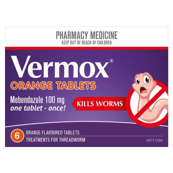 Vermox Worming Treatment Orange Tablets - The Trusted & Tasty Tablet Solution (6 Pack) Effectively and easily manage threadworm (pinworm) infections with Vermox Orange Flavoured Tablets. From a brand that families have trusted for decades, this treatment offers the power of a clinically proven wormer in an easy-to-take, orange-flavoured tablet. It's the perfect solution for families who prefer a traditional tablet format but want a more pleasant taste. This 6-tablet pack is ideal for treating the whole household to break the cycle of infection. (H2) Why Choose Vermox Orange Tablets? Pleasant Orange Flavour: The mild orange taste helps make the tablet more palatable, reducing fuss and making medicine time easier for both children and adults. Simple One-Dose Treatment: The standard treatment for threadworm is just one tablet, taken once. It's a simple, straightforward, and effective regimen. Can be Chewed or Swallowed: The versatile tablet can be swallowed whole with water or chewed, making it suitable for a range of preferences. For young children, it can be crushed. Effective & Proven: Contains Mebendazole, a powerful active ingredient recommended by healthcare professionals for its ability to effectively kill threadworms. Family-Sized Pack: With 6 tablets, you can treat multiple family members at once, which is essential for preventing re-infection within the household. (H2) How Vermox Works to Eliminate Worms The active ingredient, Mebendazole, works by targeting the worms' essential life source. It prevents them from absorbing glucose (sugars), which they need for energy and survival. Deprived of their food, the worms die over the course of 2-3 days. They are then passed out of the body naturally in the stool. This targeted action is minimally absorbed by the body, making it a reliable treatment. (H2) How to Know if it's Threadworms Threadworms are the most common worm infection in children. Key signs to watch for include: A persistent itch around the bottom or vaginal area, which is often worse at night. Restless sleep, irritability, or waking up frequently. In some cases, you may see tiny, white, thread-like worms in stools or on pyjamas. (H2) Simple Dosage Instructions for the Whole Family Always read the label and use only as directed. For Adults & Children (2 years and over): Take ONE orange-flavoured tablet, ONCE. The tablet can be swallowed whole or chewed. For young children, it is best to crush the tablet before giving it to them. The Essential Follow-Up Dose: Because worm eggs can survive for up to two weeks, a second dose taken 2-4 weeks after the first is highly recommended to kill any newly hatched worms and ensure the infection is fully cleared. Treat the Whole Household: To stop the worms from spreading, it is crucial to treat all family members at the same time, even if they don't have symptoms. (H2) Crucial Hygiene Steps to Prevent Re-infection Medication is most effective when combined with good hygiene practices. For two weeks after treatment: Wash all bedding, towels, and sleepwear in hot water. Encourage daily morning showers or baths. Keep fingernails short and clean to prevent eggs from getting trapped underneath. Ensure everyone washes their hands frequently and thoroughly. (H2) Important Safety Information Do not use in children under 2 years of age. If you are pregnant, seek medical advice before use. If symptoms persist after treatment, consult your doctor. Contains sucrose. Keep out of reach of children. (H3) Frequently Asked Questions (FAQs) Q: How fast does Vermox work? A: Vermox starts working right away to starve the worms. The worms typically die and are passed out of the system within 2-3 days. Q: What is the difference between Vermox Orange Tablets and the Choc Chews? A: Both contain the same effective ingredient, Mebendazole. The choice is simply about preference. The Orange Tablets are a great option for those who prefer a classic tablet format with a pleasant flavour, while the Choc Chews are ideal for those who want a treat-like experience. Q: Can I take the tablet with food? A: Yes, Vermox tablets can be taken with or without food. For a simple, effective, and reliable solution to threadworms, trust the classic format with a pleasant twist – Vermox Orange Flavoured Tablets